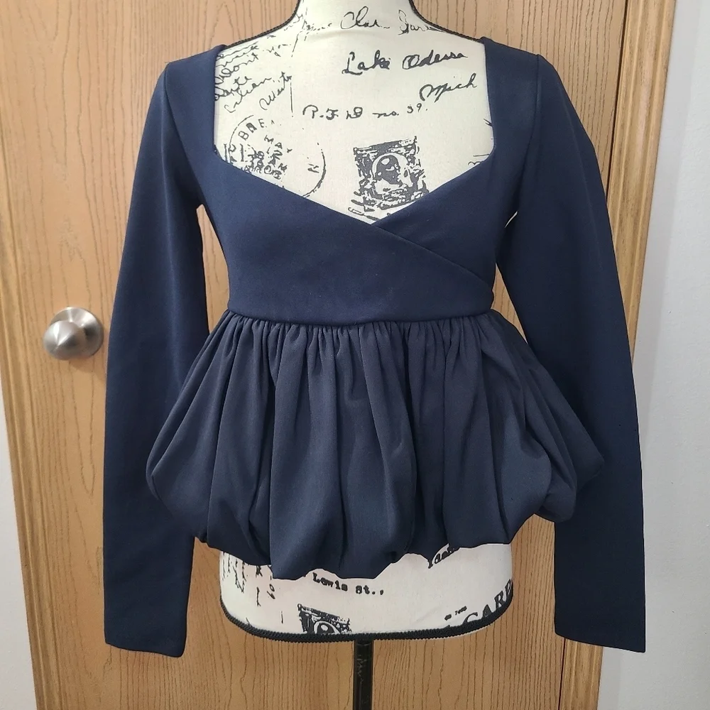 Zara Balletcore Ruffle Bubble Hem Peplum Square V-neck Long Sleeved Crop Top - Picture 1 of 4